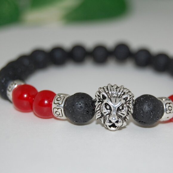 Lion Bracelet,Lava Bracelet,Lava Lion Charm Bracelet,8mm Lava Stone Beads - Picture 2 of 2